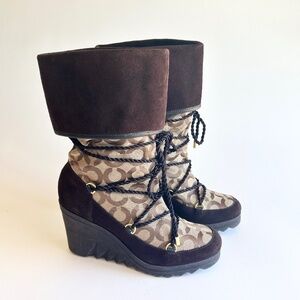 Coach Brown Suede Genuine Leather Canvas Signature Logo Wedge Mid Calf Boots